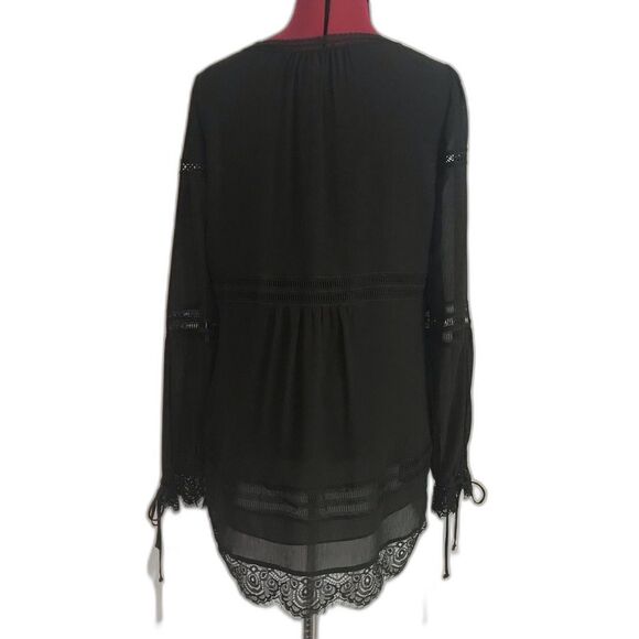 WHBM Karlee Boho Blouse Women's Size 8 Black Lace Trim Lace-Up Front Long Sleeve - Picture 14 of 16